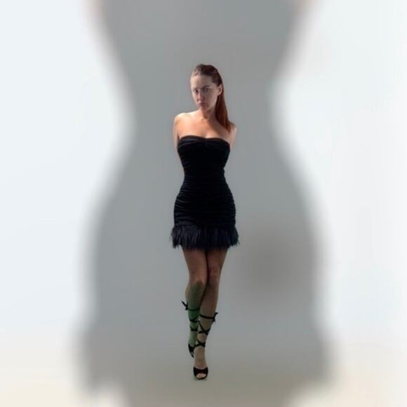 Guess Black Mini Dress, Feather Trim | Size 8 - Picture 5 of 6